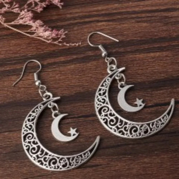 Star Moon Alloy Earrings - Silver-tone - Picture 3 of 7